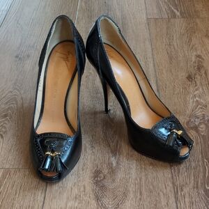 Giuseppe Zanotti Peep Toe Tassel High Heel Shoes - Black Leather Size 38.5